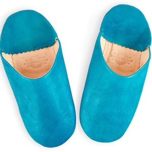 Moroccan Leather Babouche slippers, Handmade from Naturally Tanned Organic Sheepskin Leather, Hand Dyed in Turquoise Blue **TARIFFS PAID**