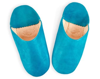 Moroccan Leather Babouche Slippers: Handmade Organic Sheepskin Mules, Turquoise