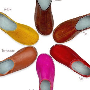 May include: Six slip-on shoes arranged in a circle, each featuring a distinct color: yellow, brown, tan, terracotta, fuchsia, and red. Each shoe has a smooth, rounded toe, visible stitching along the edges, and a light-colored interior lining.