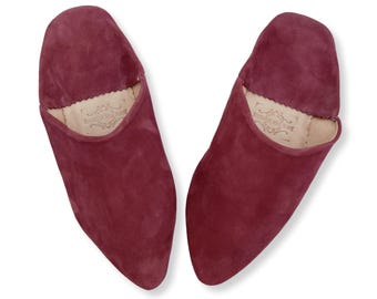 Moroccan Leather & Suede Pointed Babouche Slippers, Womens Babouche, Mules, Handmade in Indian Pink