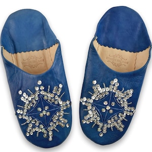 Pantofole da donna in pelle marocchina con paillettes, muli, fatte a mano in pelle conciata al naturale, blu denim **TARIFFE USA PAGATE**