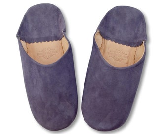 Pantofole Babouche in pelle scamosciata marocchina, babouche da donna, blu denim.