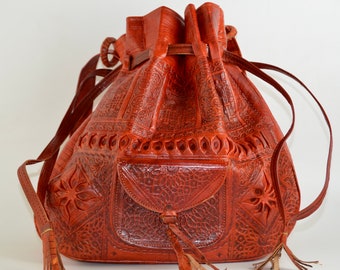 Moroccan Leather Drawstring Bucket Bag, Leather Shoulder Bag, Handmade Leather Bag, Leather Handbag, Vintage Style Bag, Orange Tan, LARGE