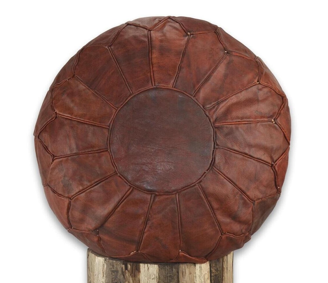 Moroccan Leather Chestnut Brown Pouffe, Handmade in Naturally Tanned