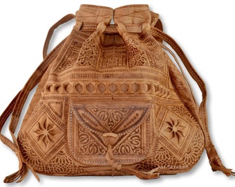 Sac seau seau à bandoulière en cuir marocain, sac à main en cuir, fait main à partir de cuir tanné naturellement en brun camel clair, style vintage.