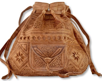 Moroccan Leather Shoulder Bucket Drawstring Bag: Handmade in Light Camel Brown, Vintage Style