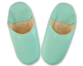 Moroccan Leather Babouche Slippers, Womens Babouche, Handmade with Naturally Tanned Leather, Slip ons, Mules, Slides, Duck Egg Blue.