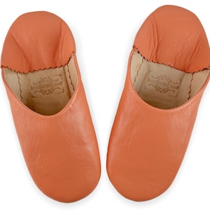 Moroccan Leather Babouche Slippers, Womens Babouche Slippers, Slip on Mules, Handmade in Orange Peach