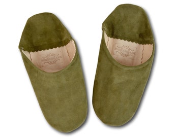 Moroccan Suede Womens Babouche Slippers, Moroccan Slippers, Organic, Mules, Handmade, Olive Green