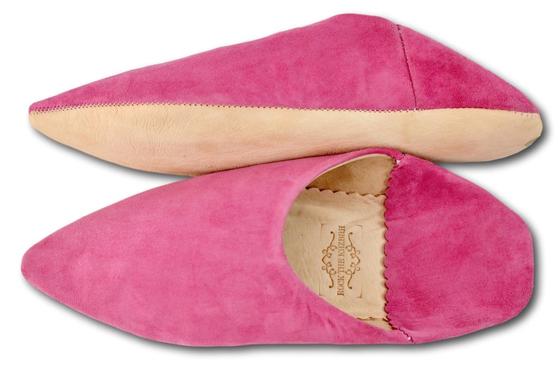 Mules Moroccan Pink Suede Pointed Babouche Pink Slippers Womans Babouche Handmade. Organic Suede Moroccan Slippers Sheepskin Slippers