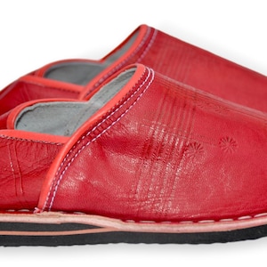 Moroccan Babouche Slippers Shoes, Handmade in Red Leather, Mules, Mens Womens, Hard soles image 3