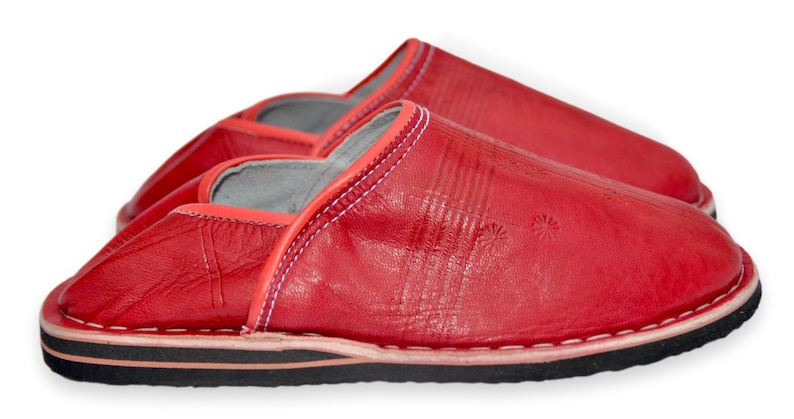 Moroccan Babouche Slippers Shoes, Handmade in Red Leather, Mules, Mens Womens, Hard soles image 3