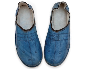 Moroccan Blue Leather Babouche Slippers Shoes: Unisex Organic Mules