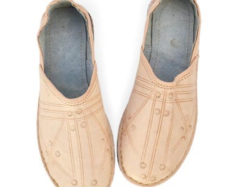Marokkaanse babouche herenschoenen damesschoenen, handgemaakte leren schoenen, natuurlijk onbehandeld biologisch leer, muiltjes