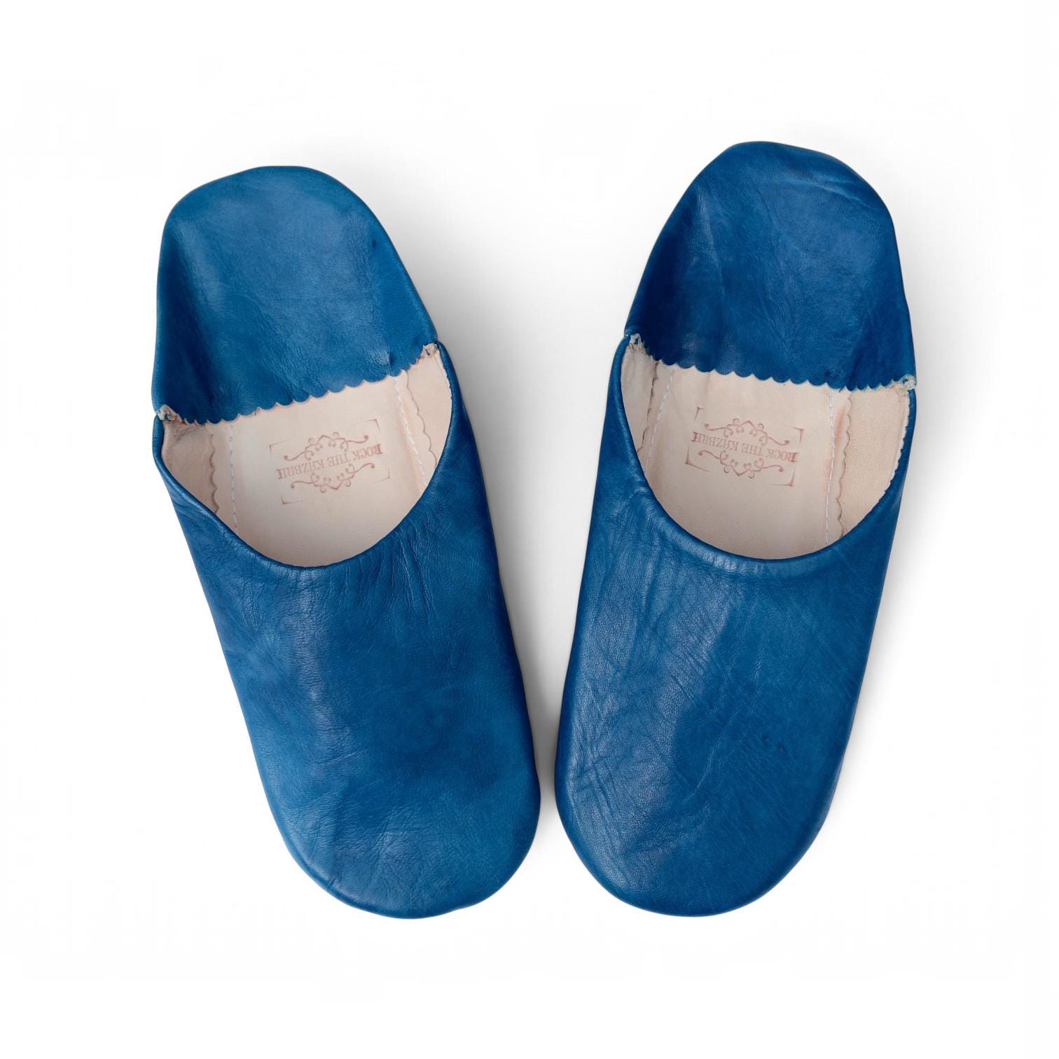 Mens Moroccan Leather Babouche Slippers: Handmade Blue Sheepskin Mules