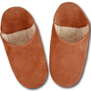 Moroccan Suede Babouche Slippers,  Handmade in Terracotta Suede, Leather Slides, Organic, Mules