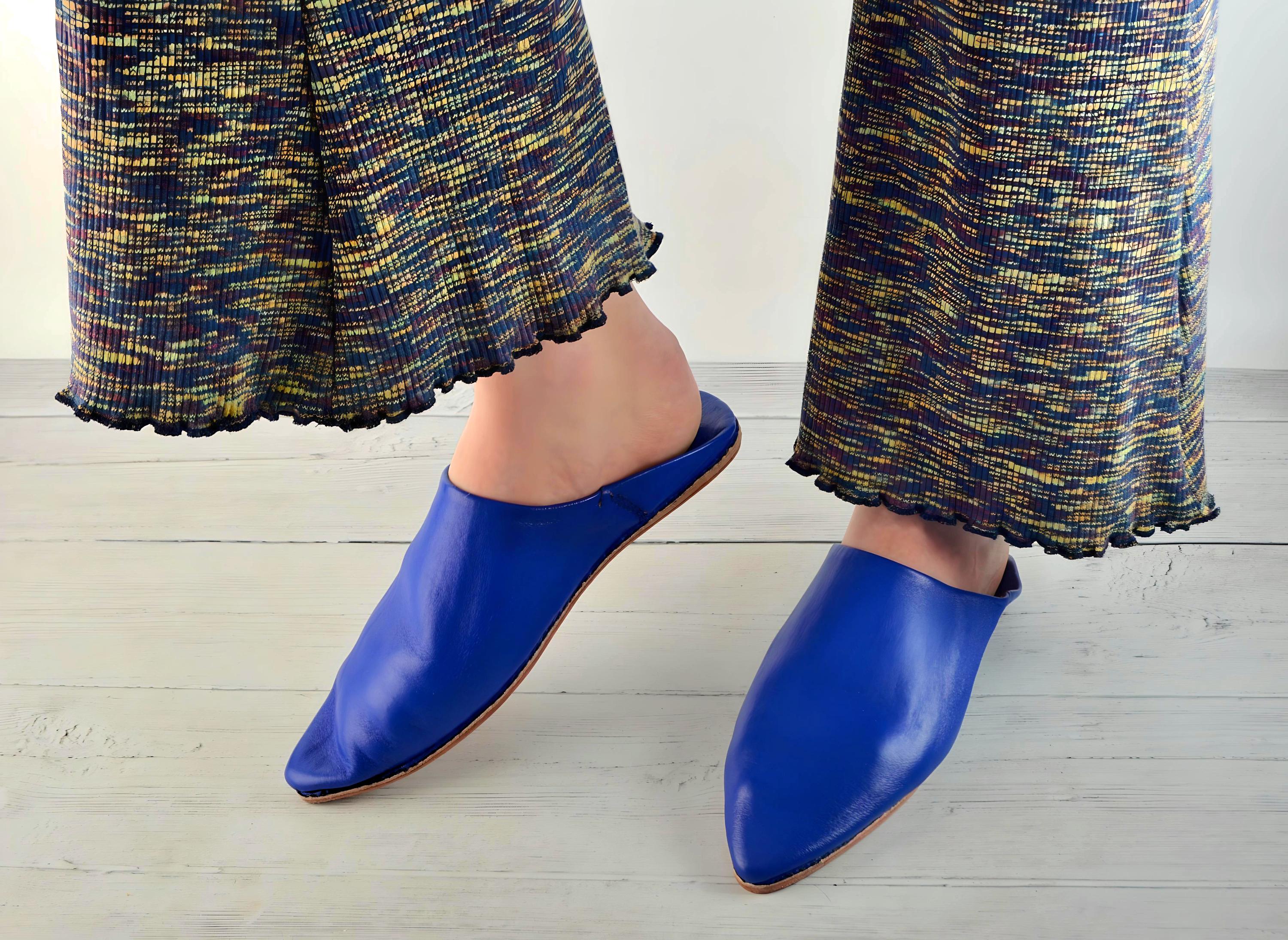 Moroccan Pointed Babouche, Leather Mules, Blue Moroccan
