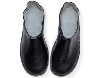 Marokkaanse babouche herenslippers damesschoenen in zwart leer, handgemaakte biologische leren muiltjes