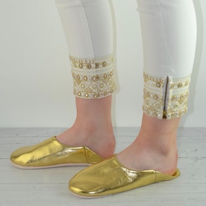 BABOUCHE: Womens Moroccan Babouche Slippers Handmade from Soft Organic Leather, Sheepskin, Mules, Slip Ons, 29 Colours Gold