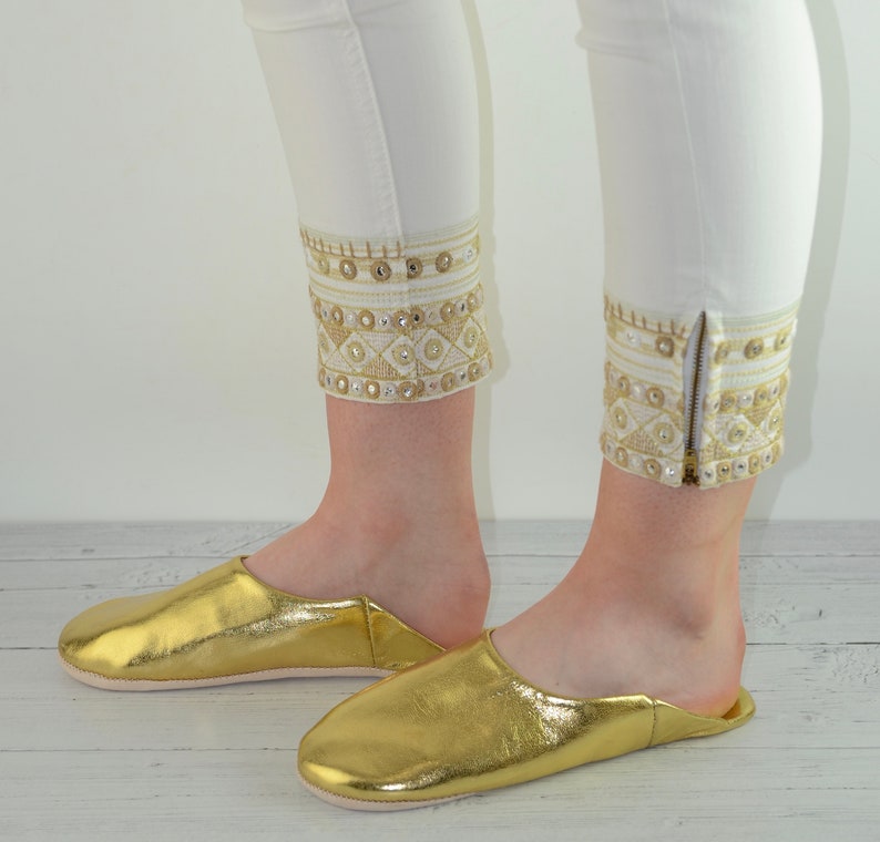 BABOUCHE: Womens Moroccan Babouche Slippers Handmade from Soft Organic Leather, Sheepskin, Mules, Slip Ons, 29 Colours Gold