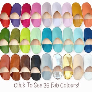 Pantofole babouche marocchine da donna fatte a mano in pelle biologica, pelle di pecora, muli, 30 colori