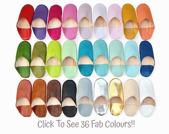 Womens Moroccan Babouche Slippers Handmade from Organic Leather, Sheepskin, Mules, 30 Colours