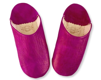 Moroccan Leather Babouche Slippers, Handmade in Fuchsia from Naturally Tanned Leather,  Sheepskin Slippers