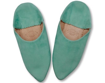Moroccan Suede Pointy Babouche Slippers, Womens Babouche, Suede Slippers, Organic Slippers, Mules, Handmade in Duck Egg