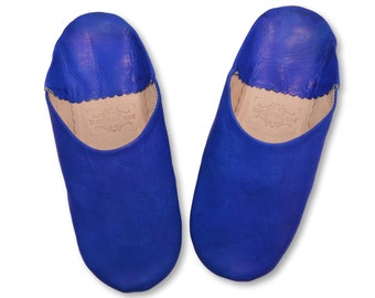 Moroccan Leather Babouche Slippers in Cobalt Blue, Womens Babouche, Sheepskin Slippers, Mules, Slides, Organic Leather.