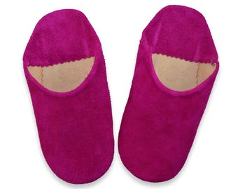 Fuchsia Suede Babouche Slippers: Handmade Moroccan Leather Mules