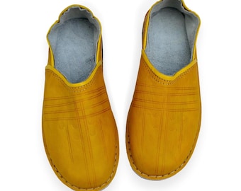 Mens Womens Moroccan Babouche Shoes Slippers, Handmade in Naturally Tanned Yellow Leather, Mules