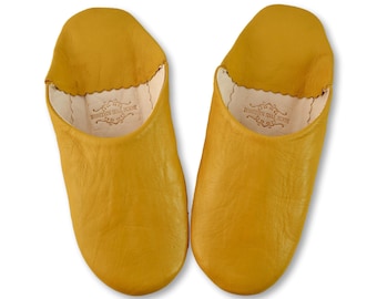 Moroccan Leather Babouche Slippers, Mustard Yellow Slippers, Organic Leather, Sheepskin Slippers, Womens Slippers, Mules, Slip ons, Babouche