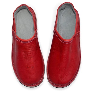 Moroccan Babouche Slippers Shoes, Handmade in Red Leather, Mules, Mens Womens, Hard soles image 1