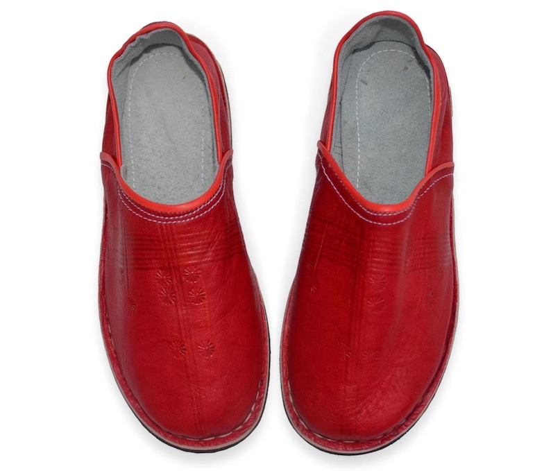 Moroccan Babouche Slippers Shoes, Handmade in Red Leather, Mules, Mens Womens, Hard soles image 1