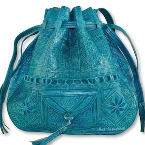 Marokkanische Leder Kordelzug Beuteltasche, Leder Umhängetasche, Handarbeit aus natürlich gegerbten Leder, Hippy 1970's, Türkis Blau, LARGE