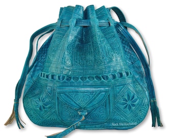 Moroccan Leather Drawstring Bucket Bag, Leather Shoulder Bag, Handmade from Naturally Tanned Leather, Hippy 1970's, Turquoise Blue, LARGE