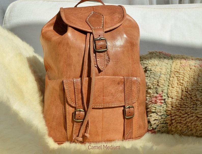 Leather Backpack Rucksack, Mens Backpack, Womens Backpack, Vintage Style Backpack, Handmade from Naturally Tanned Organic Moroccan Leather. Camel Brown