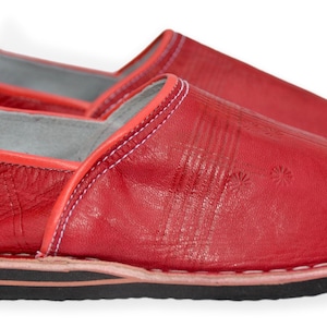 Moroccan Babouche Slippers Shoes, Handmade in Red Leather, Mules, Mens Womens, Hard soles image 2