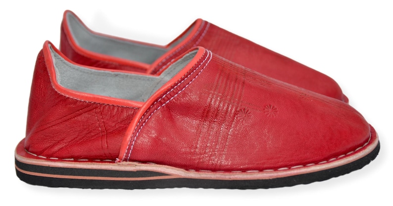 Moroccan Babouche Slippers Shoes, Handmade in Red Leather, Mules, Mens Womens, Hard soles image 2