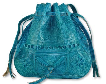 Moroccan Leather Drawstring Bucket Shoulder Bag, Handmade from Naturally Tanned Leather, Turquoise Blue