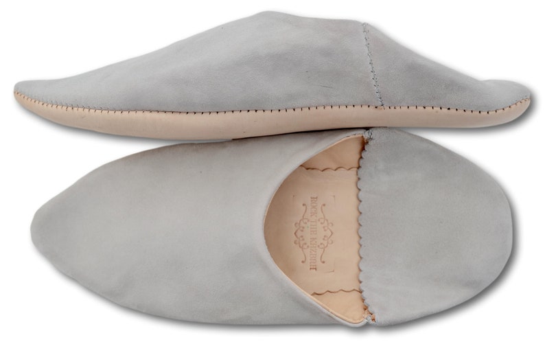 Moroccan Suede Pointed Babouche Slippers, Womens Babouche, Sheepskin Slippers, Organic Suede, Hand Dyed, Mules, Light Pearl Grey image 2