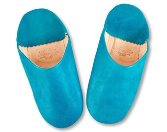 Babouche slippers, Moroccan slippers, Leather Babouche, Handmade slippers, Womens sheepskin slippers, Mules, Organic, Hand Dyed, Teal Blue