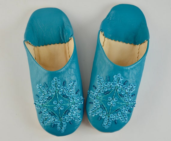 Moroccan Sequin Babouche Slippers Blue Leather Slippers | Etsy