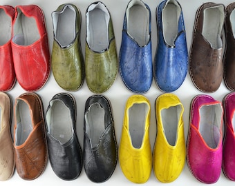 Babouche marocaine, chaussons marocains homme et femme, chaussures en cuir faites main, mules, chaussures sans lacets, chaussures biologiques, teintes à la main, 9 couleurs.