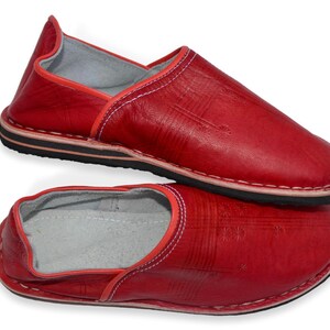 Moroccan Babouche Slippers Shoes, Handmade in Red Leather, Mules, Mens Womens, Hard soles image 4