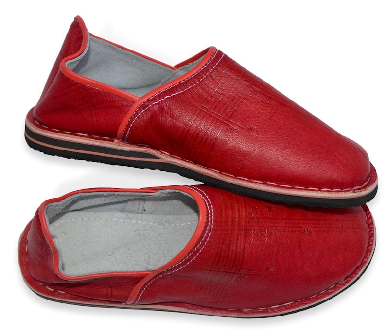 Moroccan Babouche Slippers Shoes, Handmade in Red Leather, Mules, Mens Womens, Hard soles image 4