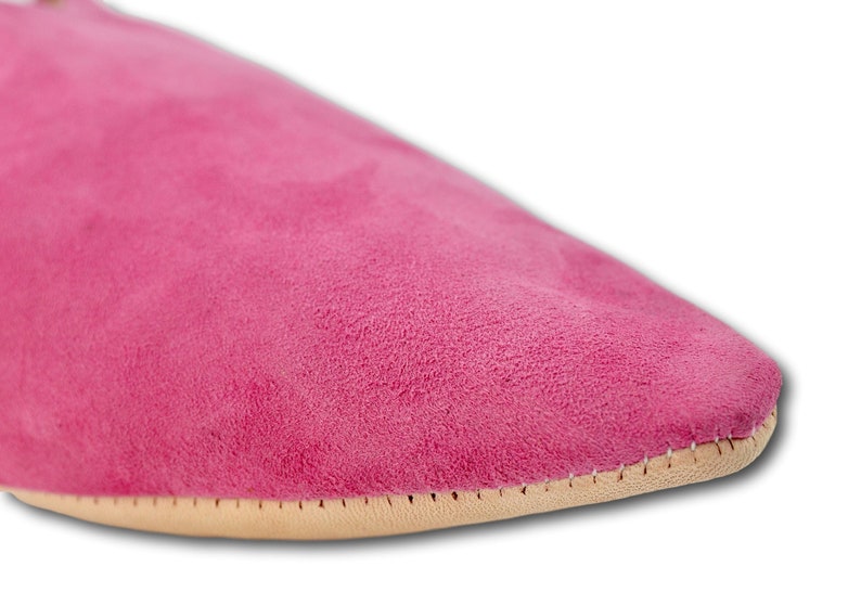 Mules Moroccan Pink Suede Pointed Babouche Pink Slippers Womans Babouche Handmade. Organic Suede Moroccan Slippers Sheepskin Slippers