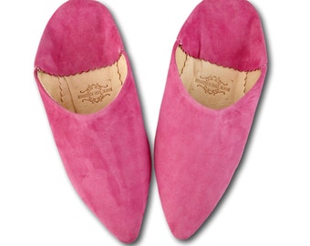 Moroccan Pink Suede Pointed Babouche Slippers, Womans Babouche, Pink Slippers, Sheepskin Slippers, Organic Suede, Mules, Handmade.