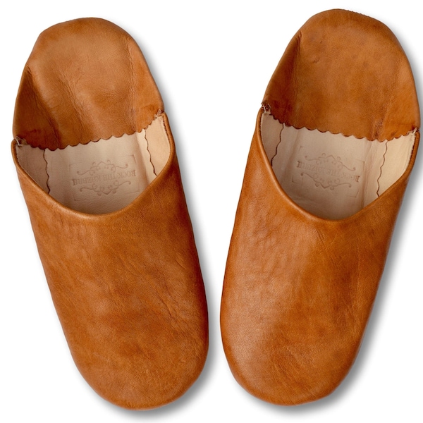 Moroccan Leather Womens Babouche Slippers, Handmade from Naturally Tanned Leather, Slip ons, Mules, Slides, Natural Tan