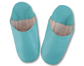 Women's Moroccan Leather Babouche Slippers, Sheepskin Slippers, Organic Slippers, Mules, Handmade Slippers, Pale Turquoise Blue